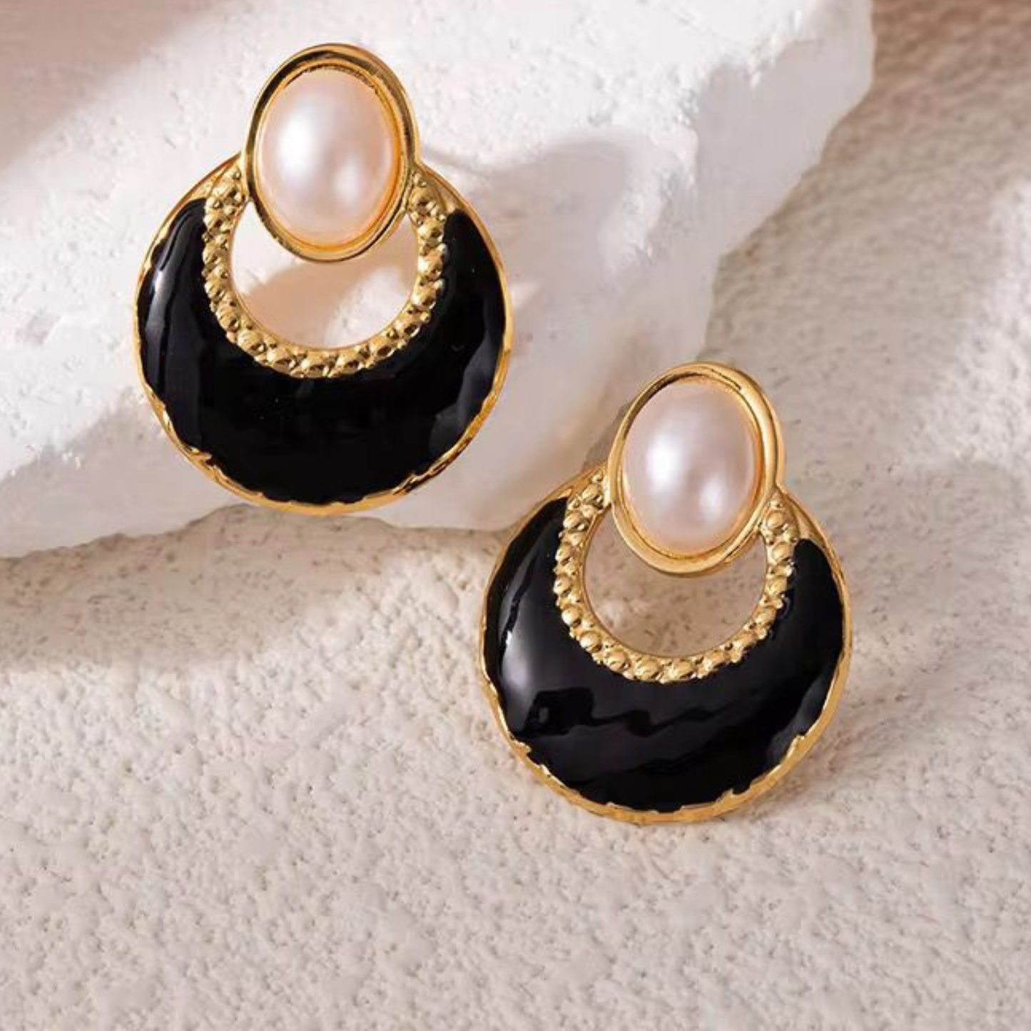 Coralia Pearl Black Enamel Drop Earrings-Zariva