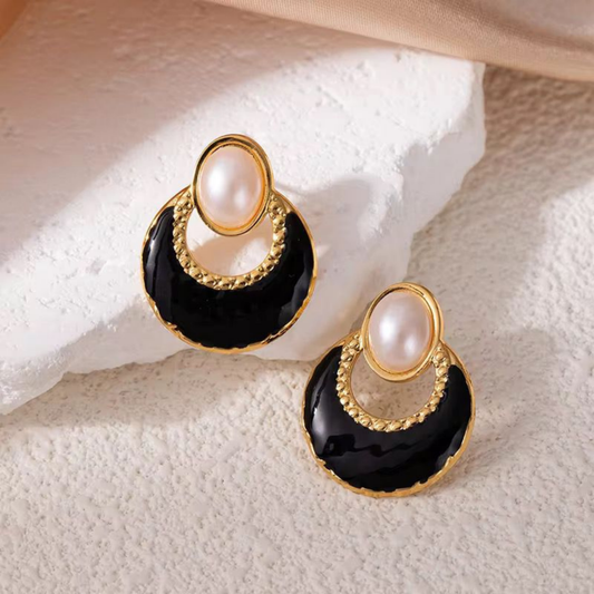 Coralia Pearl Black Enamel Drop Earrings-Zariva