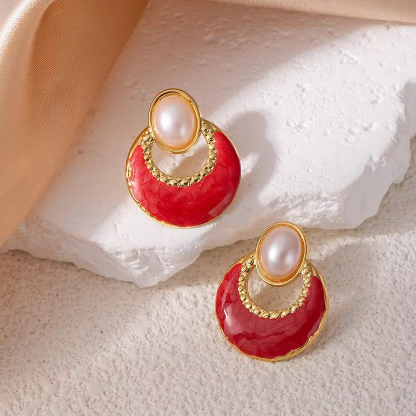 Coralia Pearl Red Enamel Drop Earrings– Zariva