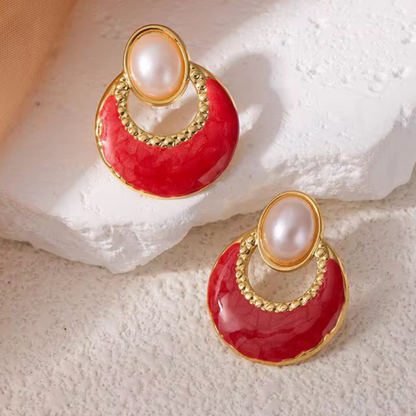 Coralia Pearl Red Enamel Drop Earrings– Zariva