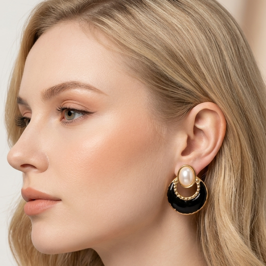 Coralia Pearl Black Enamel Drop Earrings-Zariva