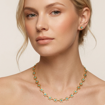 Aurelia Daisy Charm floral Turquoise Enamel Necklace & Bracelet Set – Zariva